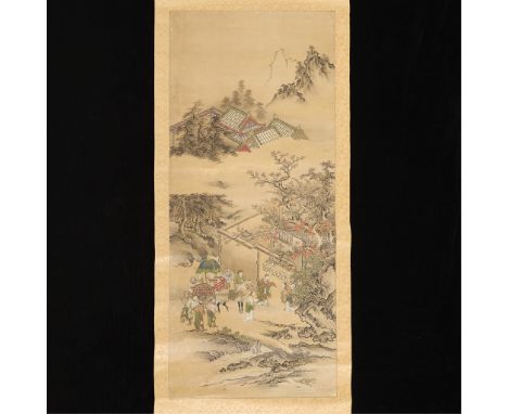 Possibly Fuji Oboshi (Japanese, 19th/20th c.) One fine Japanese watercolor and ink scroll painting. The painting features gil