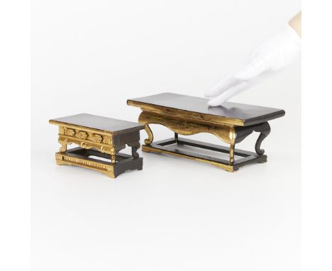 Group of two 19th century Japanese lacquered altar stands with gilt. Three small flowers carved along the front-facing edge o