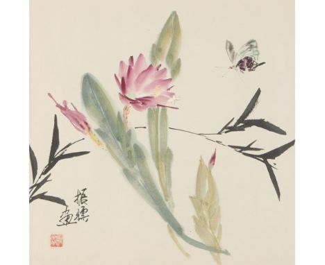 Liu Zhenbian (Chinese, 20th/21st c). Watercolor on paper painting depicting blooming flowers and a butterfly. Signed and with