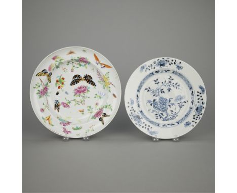 Group of two 18th to 19th century Chinese porcelain plates. One blue and white plate with a Christie's label affixed to the v