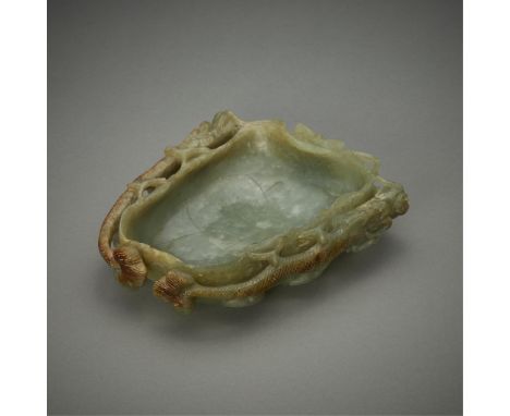 Antique Chinese carved jade brush washer, Qing dynasty. The sides with two carved and pierced dragons chasing a pearl. Well c