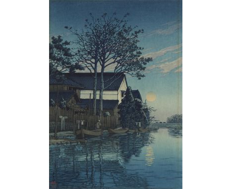 Hasui Kawase (Japanese, 1883-1957). Woodblock print titled "Evening Moon at Itako" depicting a house at the water's edge with