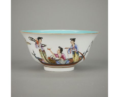 Chinese 20th century porcelain bowl. Decorated along the sides with women in boats. The underside with an apocryphal mark rea