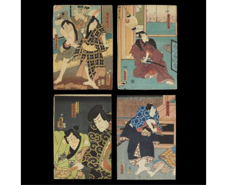 Utagawa Kunisada "Utagawa Toyokuni III" (Japanese, 1786-1865). Group of four Japanese ukiyo-e kabuki woodblock prints depicti