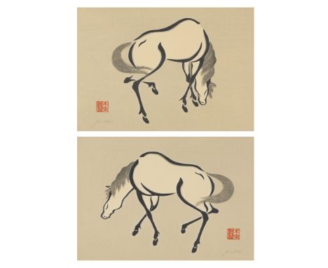 Aoyama Seizan (Japanese, 20th century). Two woodblock prints depicting grazing horses. Each are signed in pencil below a red 