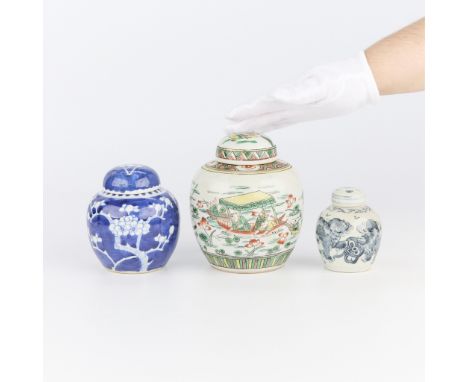 Group of three Chinese porcelain ginger jars, 19th to 20th century. One jar is painted blue and depicts a lively dragon. One 