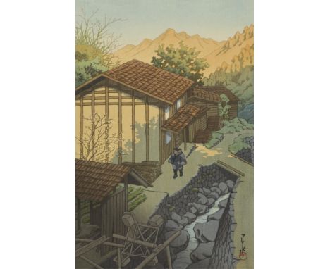 Hasui Kawase (Japanese, 1883-1957). Woodblock print titled "Nenoyama, Bushu" depicting a mountainous village along a small st
