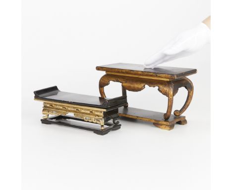 Group of two 19th century Japanese Kyozukue lacquered wood altar stands with gilt and carved accents.(Small) Height: 3 1/2 in