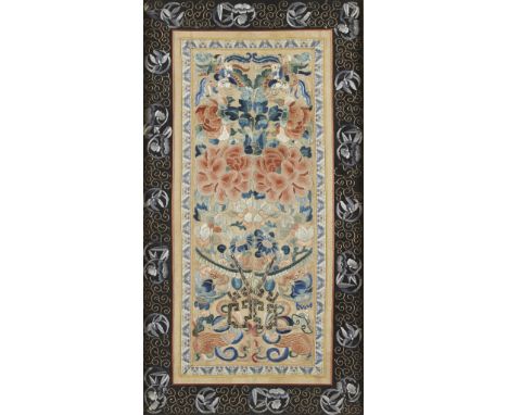 19th century Chinese silk robe embroidery fragment. Depicting a symmetrical pattern of lovely pink peonies amid blue and whit