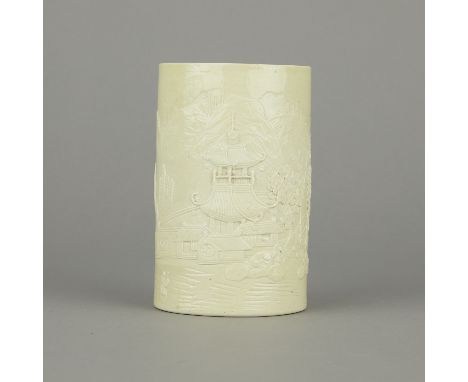 Style of Wang&nbsp;Bingrong (Chinese, 1820-1875). Pale lime green bisque glazed brush pot with a carved landscape. Stamped al