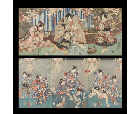 Utagawa Kunisada "Utagawa Toyokuni III" (Japanese, 1786-1865). Group of two 19th century Ukiyo-e woodblock print triptychs. O