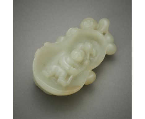 20th century Chinese carved jade in the form of a boy and rat crawling along a gourd. A second boy sits inside the gourd. Of 