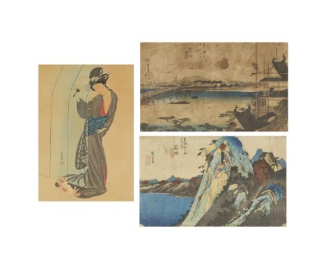 Group of three Japanese woodblock prints including:Yamaguchi Soken (1759 - 1818). Print titled "Fair Play," depicting a geish