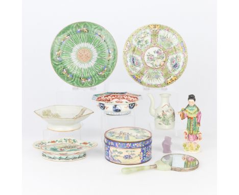 Large group of ten Asian objects including a mirror with a hardstone or jade handle, a rose quartz elderly male figure, a pai