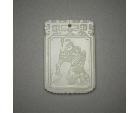 Chinese carved jade plaque with a hole to wear as a pendant. Carved along one side with a depiction of a figure wielding an a