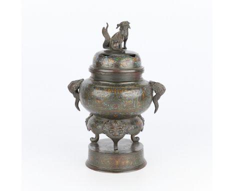Late 19th century Chinese champleve enamel cloisonne incense burner with a foo dog finial and enamel designs depicting figure