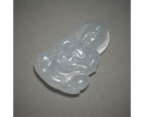20th century Chinese carved jade pendant. Of a pale blue-white coloration in the form of a sitting Buddha.Height: 2 1/4 in x 