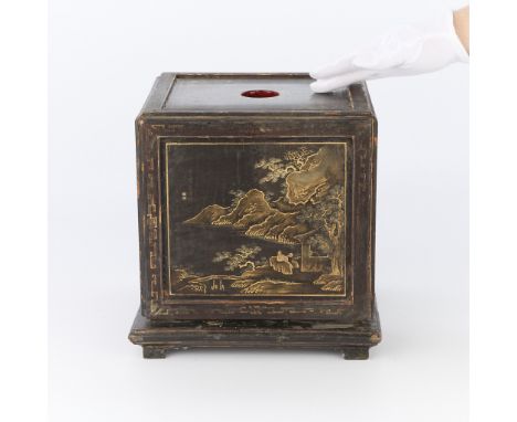 Late 18th to early 19th century Chinese wooden seal box. Two sides with calligraphy and two sides with landscapes.Height: 11 