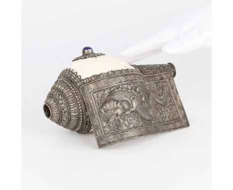 Tibetan Dungkar Shanka ceremonial prayer conch shell trumpet with lapis cabachon and silver repousse dragon and human skulls,