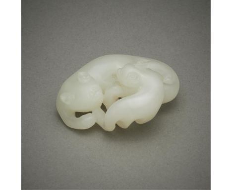 Chinese carved jade figural group depicting a mother cat and her suckling kitten. Of a pale jade.Included in this auction is 
