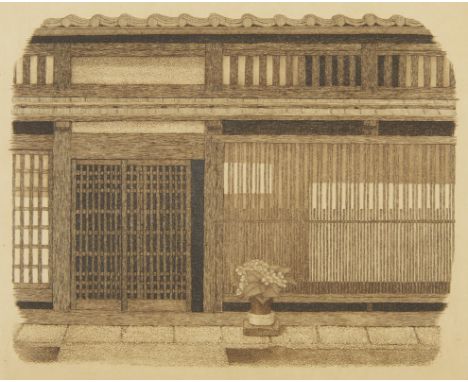 Ryohei Tanaka (Japanese, 1933-2019). Etching and aquatint on chine colle print titled "Koshi (Takayama)" depicting the exteri