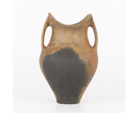 Chinese neolithic Siwa culture handled pottery jar. With a two applied handles reaching from the shoulder to the rim of the s