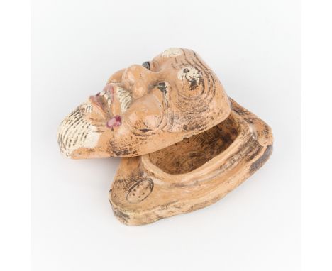 Japanese pottery kogo incense box in the form of an okina noh mask, Meiji period. Inscription along the base.Keywords: chanoy
