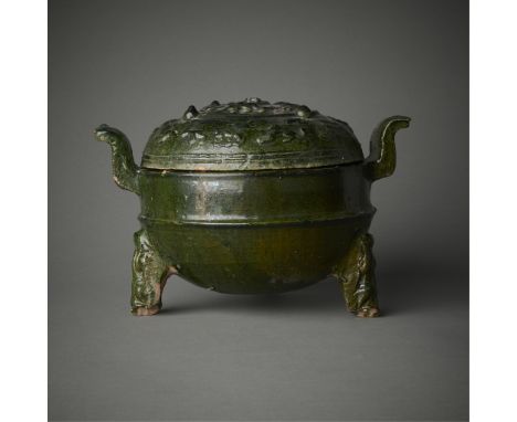 Chinese mingqi cauldron (ding) spirit or funerary green-glazed pottery vessel, likely Han dynasty. Consisting of a deep basin