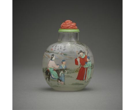 Ye Zhongsan (Chinese, 1875-1945). Chinese Republic period inside painted glass snuff bottle depicting figural scenes and call