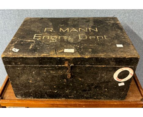 A painted wooden two handled tool box, marked R. Mann, Engrs. Dept. 