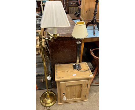 An Art Deco style brass swing arm floor lamp, a chrome table lamp and a Victorian pine wall hanging cupboard 