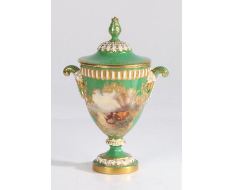Worcester porcelain vase and cover, decorated by Harry Stinton, Worcester mark for 1912, Rd.No. 466340, the green ground with