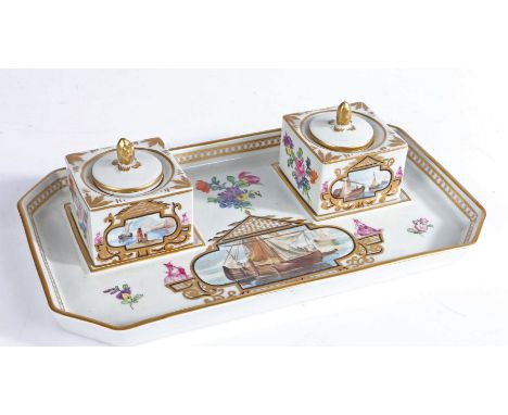 Dresden porcelain inkwell, with square twin inkwells, the stand and inkwell with hand painted boats, 22cm wide