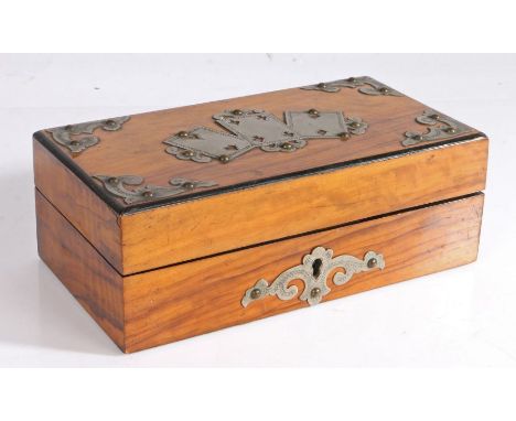 Victorian coromandel playing card box, the hinged lid with metal corner mounts and central depiction of three playing cards, 