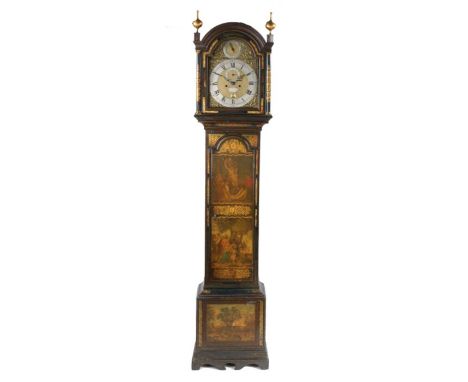 George III longcase clock movement by Osbertus Hamley, with later case, the arched hood with gilt turned finials and tapering