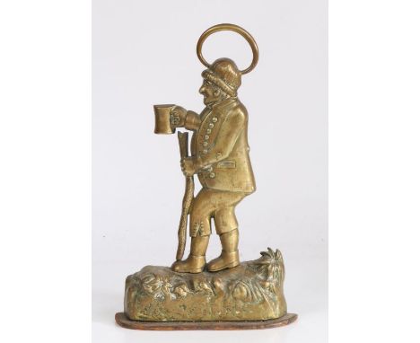 19th Century brass doorstop modelled as a beggar holding a cup and walking stick, 33.5cm high, 21cm wide