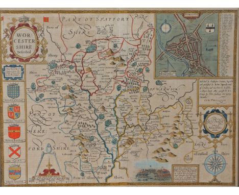 Saxton (Christopher) &amp; Speed (John) Worcestershire Described, hand-coloured map with Worcester family crests and plan of 