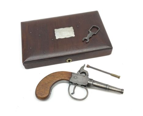Scratch-built copy of a 19th century percussion cap pistol with 7cm tapering cannon style turn-off barrel, lock-plate inscrib