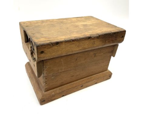 WW1 mahogany box of oblong form, the hinged lid with impressed military arrow mark, platform base and apertures for carrying 