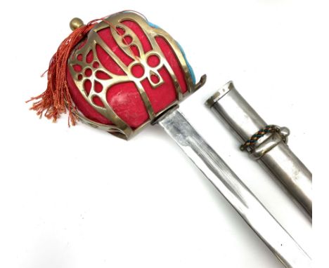 Reproduction Scottish Claymore sword, the 87.5cm steel blade with brass basket hilt and wire-bound grip, in steel scabbard L1