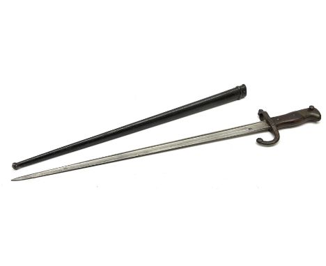 French Model 1874 epee/gras bayonet the 52cm steel piped back blade inscribed St. Etienne Avril 1877, in original scabbard, b