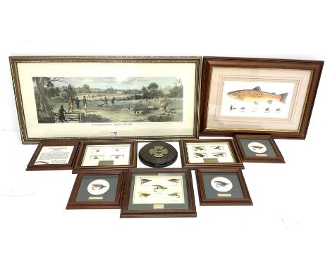 Framed and named reproduction fishing flies including 'Blue Doctor', 'Silver Wilkinson', 'Thunder &amp; Lightening', 'The Spe