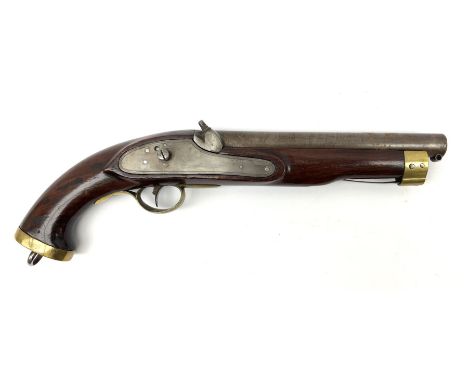 Early 19th century percussion cap cavalry pistol with round 23cm unsighted barrel, borderline engraved action lock (lacking h