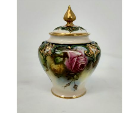 A Hadley's Worcester potpourri of tapering form with pierced lid, hand painted with roses, height 14
