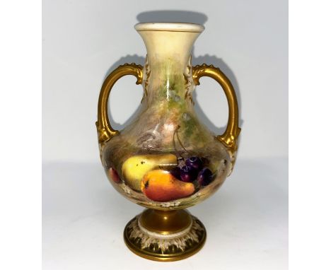 A Royal Worcester baluster pedestal vase with 2 handles, hand painted with fruit, signed Ricketts, height 17 cm (lid cracked,