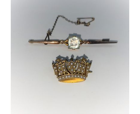 A gem set bar brooch, stamped '9ct'; a seed pearl set crown brooch, 6.6 gm gross 