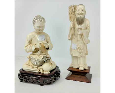 A late 19th / early 20th century carved Chinese ivory figure of a seated woman threading a needle, seal mark to base, another