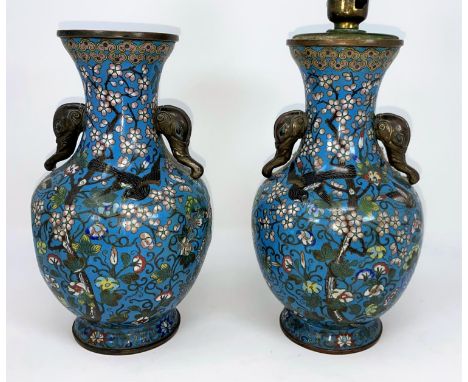 A pair of Chinese cloisonne vases with animal head handles, blue ground decorated with birds and plants (drilled) 23cm 1 vase