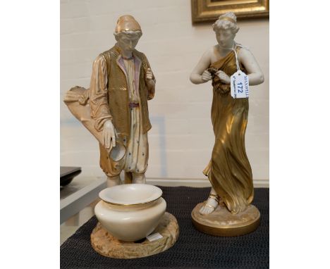 A late 19th century Royal Worcester figure in gilt and ivory porcelain depicting young women in classical dress holding a pos