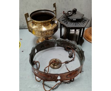 A copper Arts and Crafts ceiling light; a cast metal hall light and a brass Arts and Crafts 2 handled vase on integrated stan